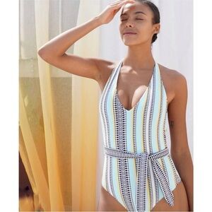LemLem belted deep V-neck halter one piece swimsuit